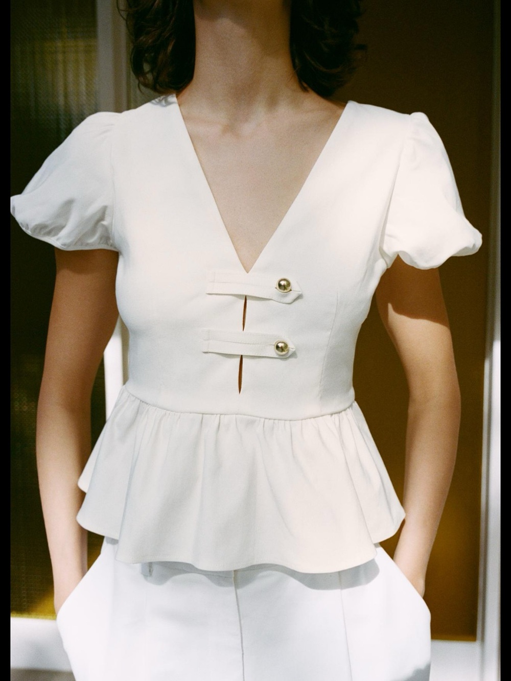 Zara Cream Peplum V-Neck Blouse with Gold Buttons